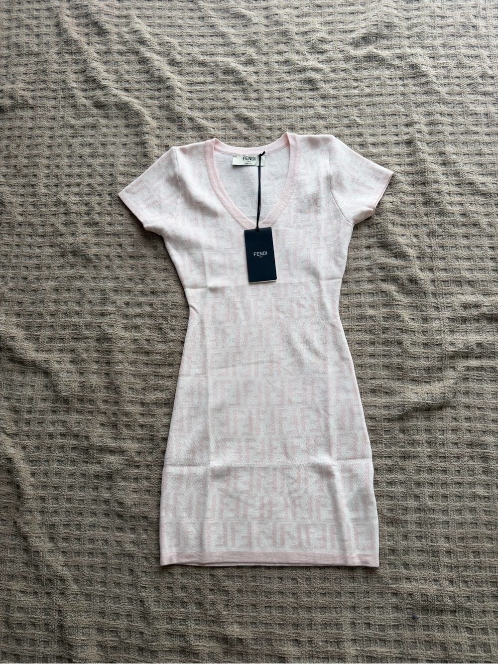 Fendi Pale Pink Short‑Sleeve V‑Neck Knit Mini Dress